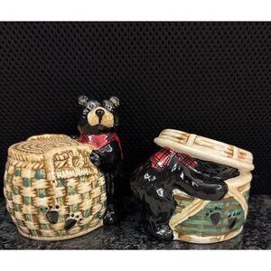 Black Bear Themed Salt & Pepper Shakers With Basket Design Kitchen Or Collectors